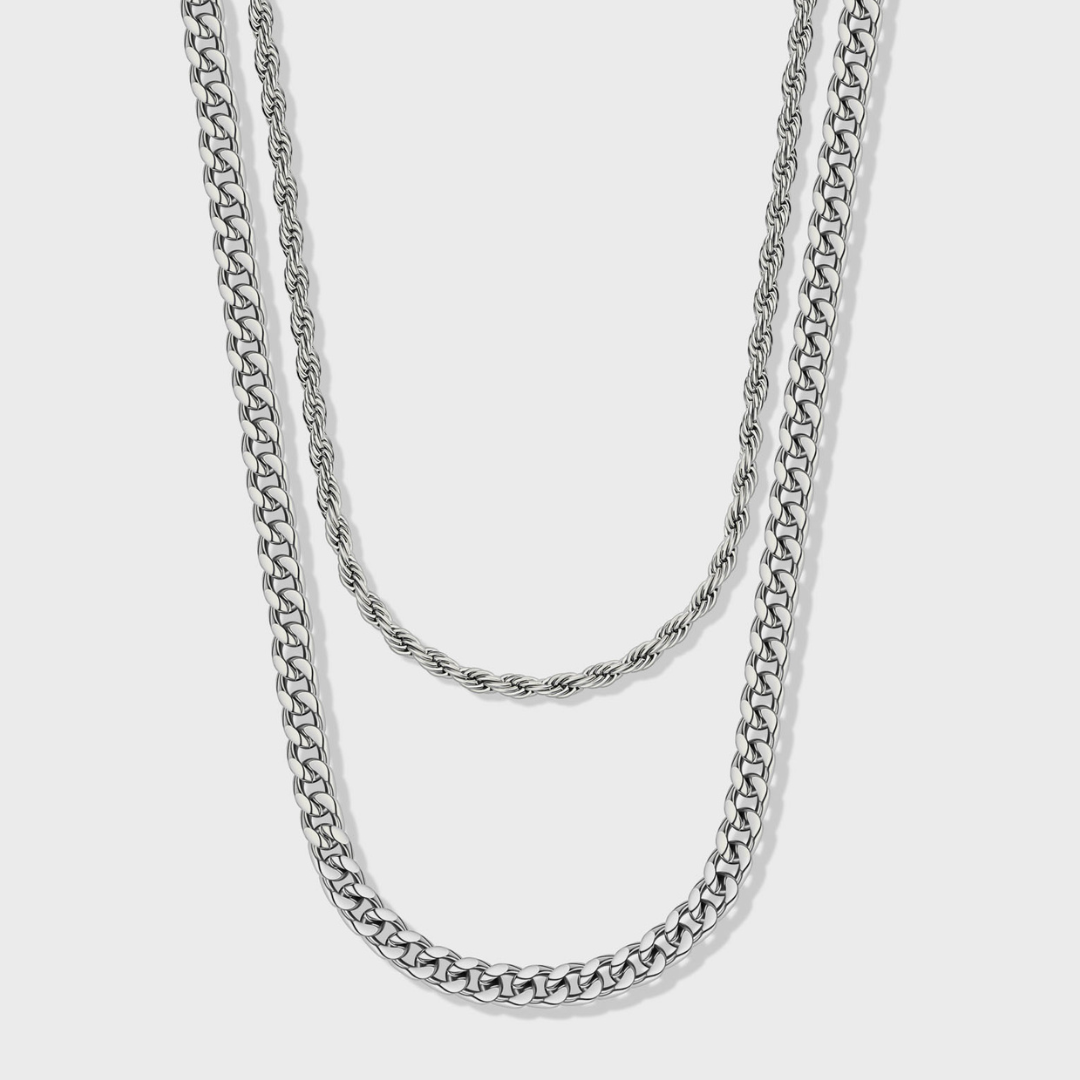 5mm Cuban & 4mm Rope Silver Stackable Bracelet Set