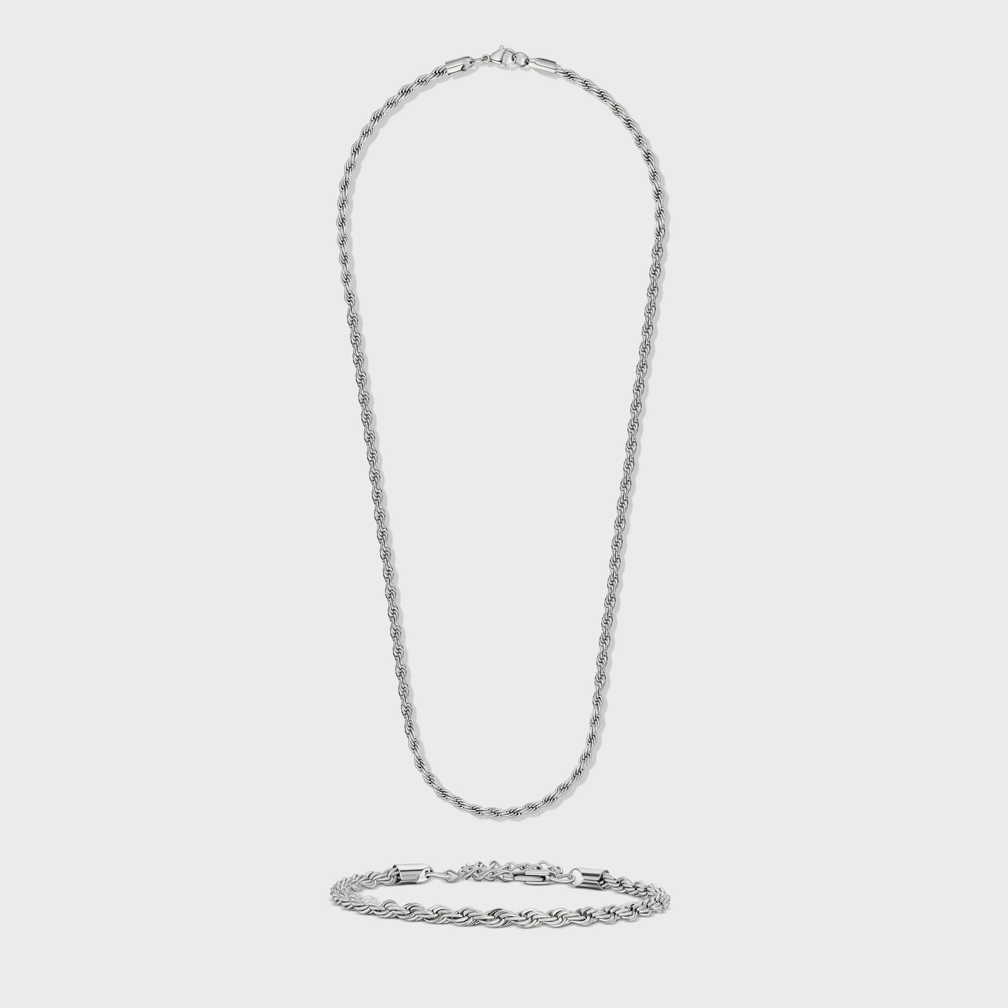 Silver 4mm Rope Chain & Bracelet Set for Women