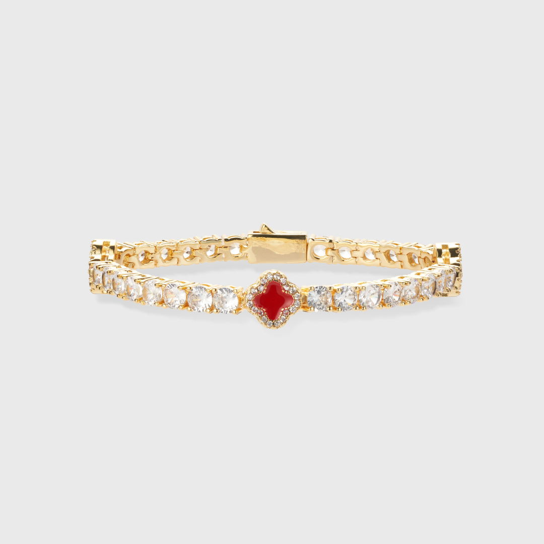 Gold Red Clover Tennis Bracelet - 4mm Elegance