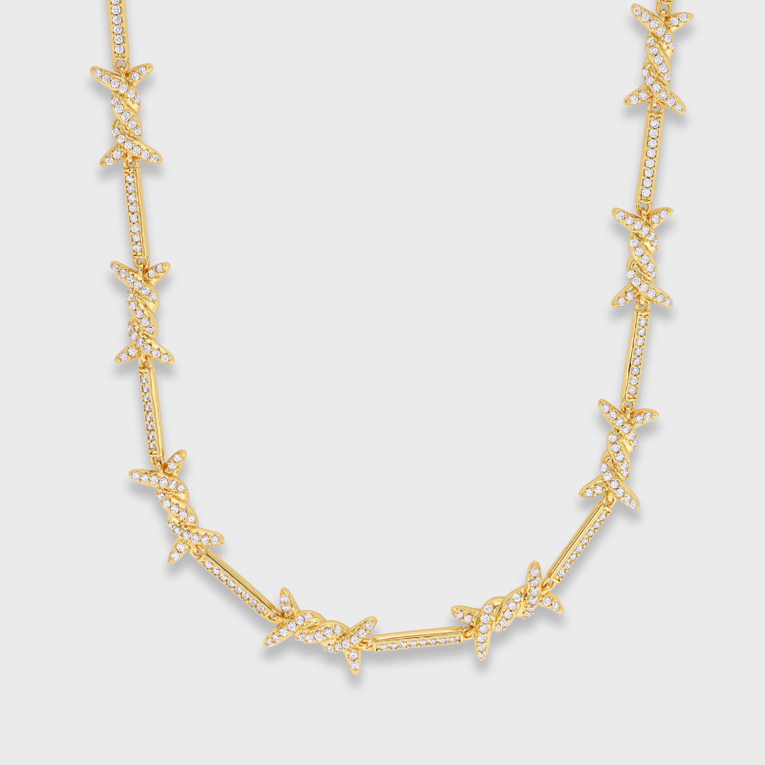 Gold Iced-Out 6mm Barbed Wire Chain Necklace