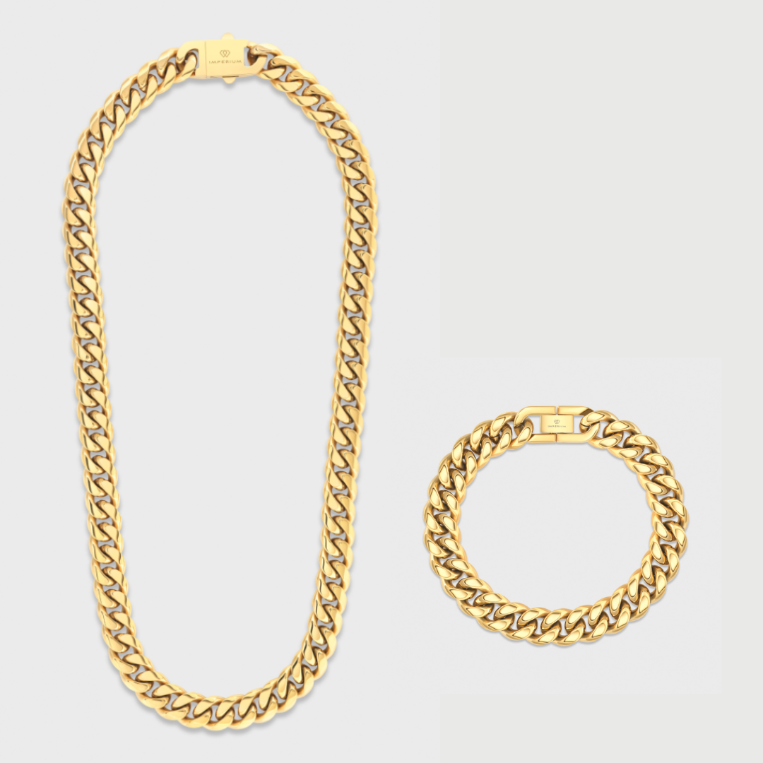 12mm Gold Cuban Link Chain & Bracelet Set
