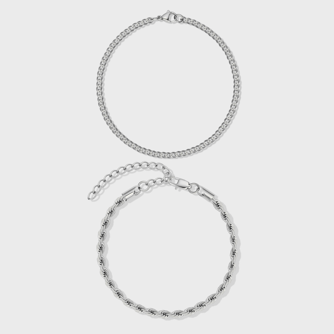 Silver Micro Cuban & Rope Bracelet Set