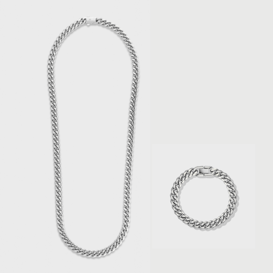8mm Silver Cuban Link Chain & Bracelet Set