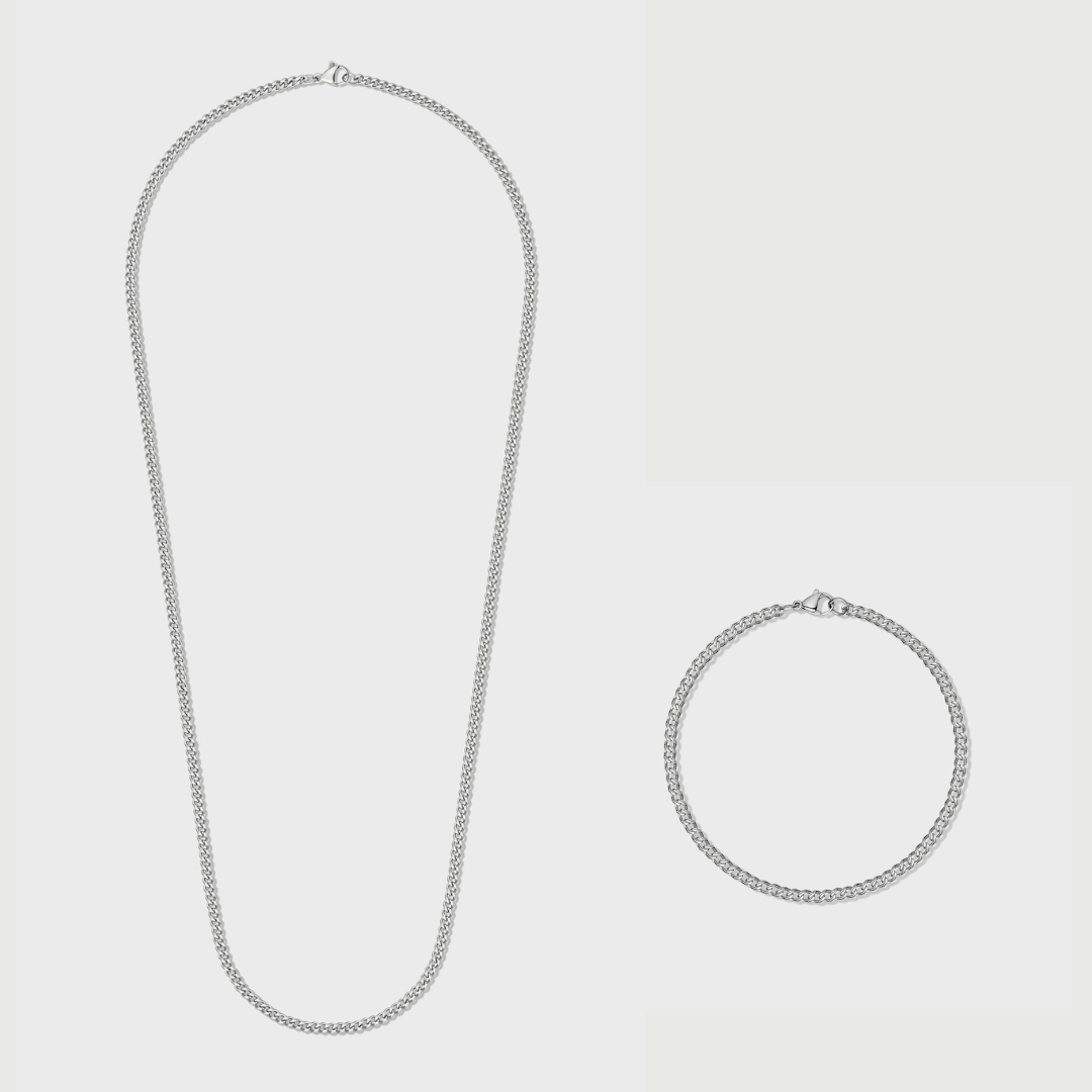 3mm Silver Cuban Link Chain & Bracelet Set
